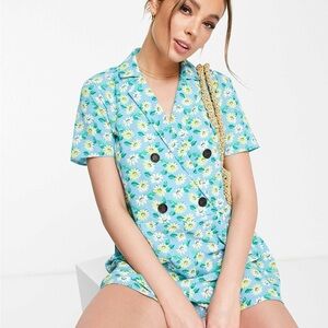 Floral Double-Breasted Romper in Light Blue